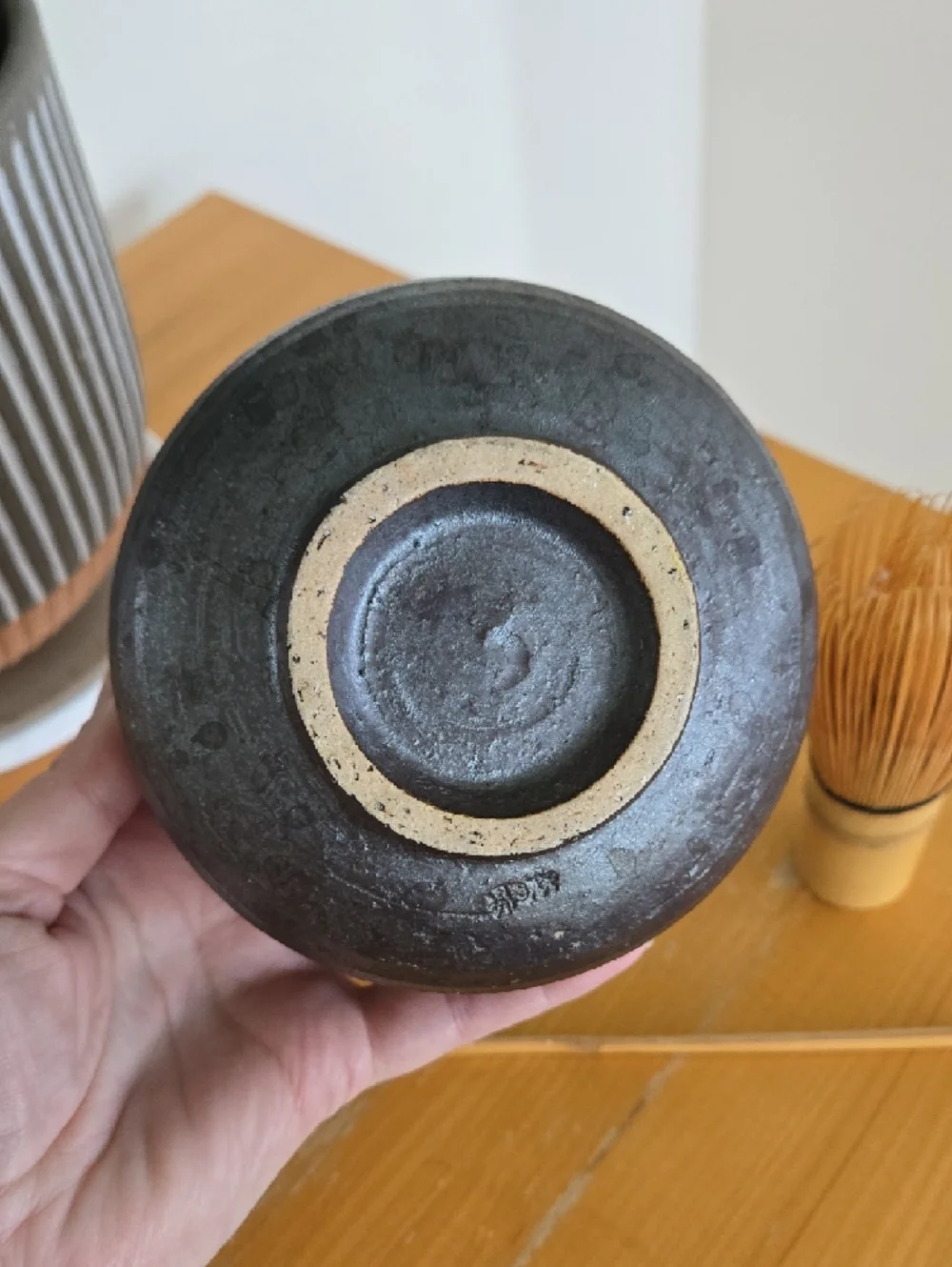 Handmade Dark Glazed Ceramic Matcha Tea Bowl with Bamboo Whisk